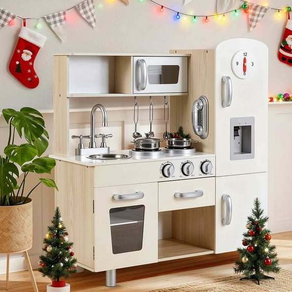 LAZY BUDDY Pretend Play Kitchen for Kids, Wooden Toddler Toy Kitchen Playset with Realistic Light & Sound for Boys Girls 3+
