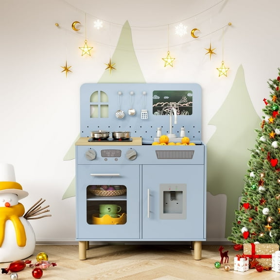 LAZY BUDDY Wooden Pretend Play Kitchen for Toddlers, Kids Toy Kitchen with Simulated Light & Sound, 5 Accessories, Gift for Girls & Boys 3+