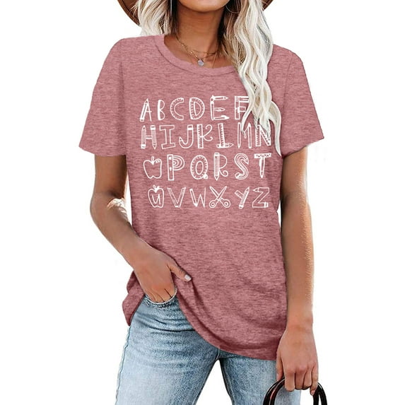 LAZYCHILD Teacher Shirt Women Teaching Tshirt Alphabet Graphic Tee Tops Kindergarten Teachers Gift T-Shirt