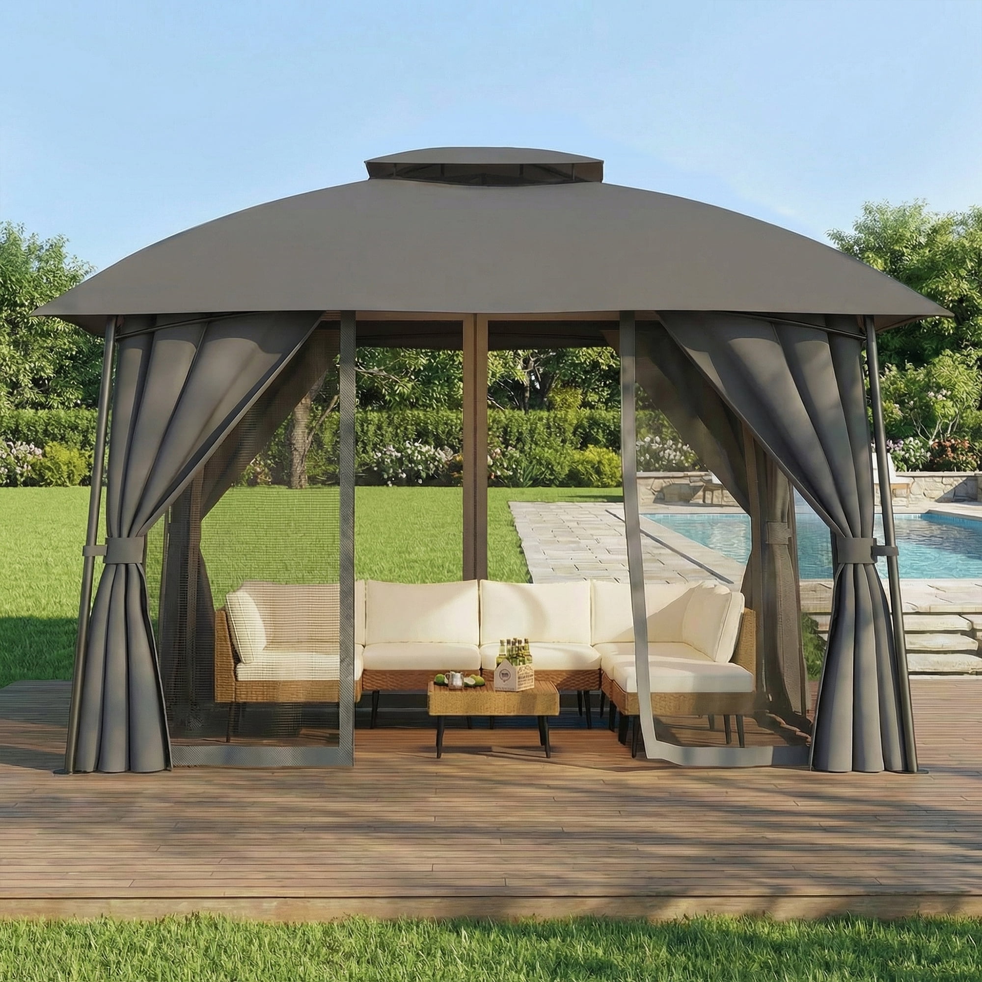 LAZZO 10'x12' Outdoor Gazebo, Double Roof Metal Frame Patio Canopy with Mosquito Netting & Privacy Screens, Gray