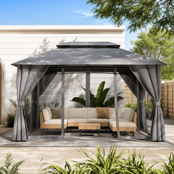 LAZZO 10'x13' Outdoor Gazebo, Double Roof Metal Frame Patio Canopy with Mosquito Netting & Privacy Screens, Gray