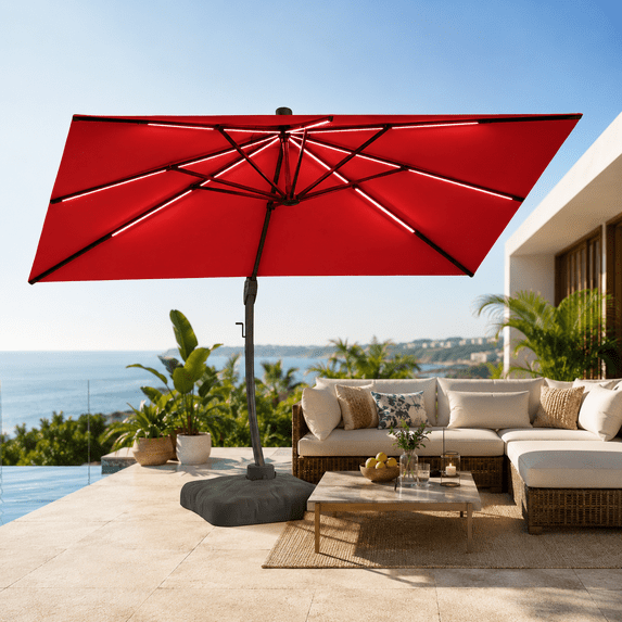 LAZZO 11ft Outdoor Patio Umbrella with Base and Light, All-Aluminum Offset Cantilever Umbrella for Pool & Backyard, Red