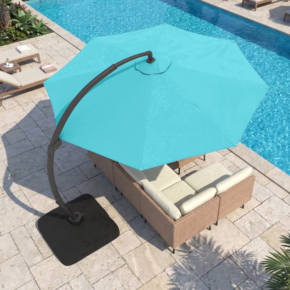 LAZZO 11ft Outdoor Patio Umbrella with Base, Aluminum Offset Cantilever Umbrella for Pool Deck, Blue