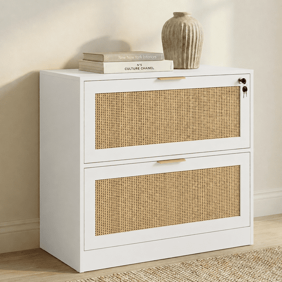 LAZZO 2-Drawer Lateral File Cabinet with Lock, Rattan Wood Filing Cabinet for Letter, Legal, A4 and F4 Files, Printer Stand for Home Office, White