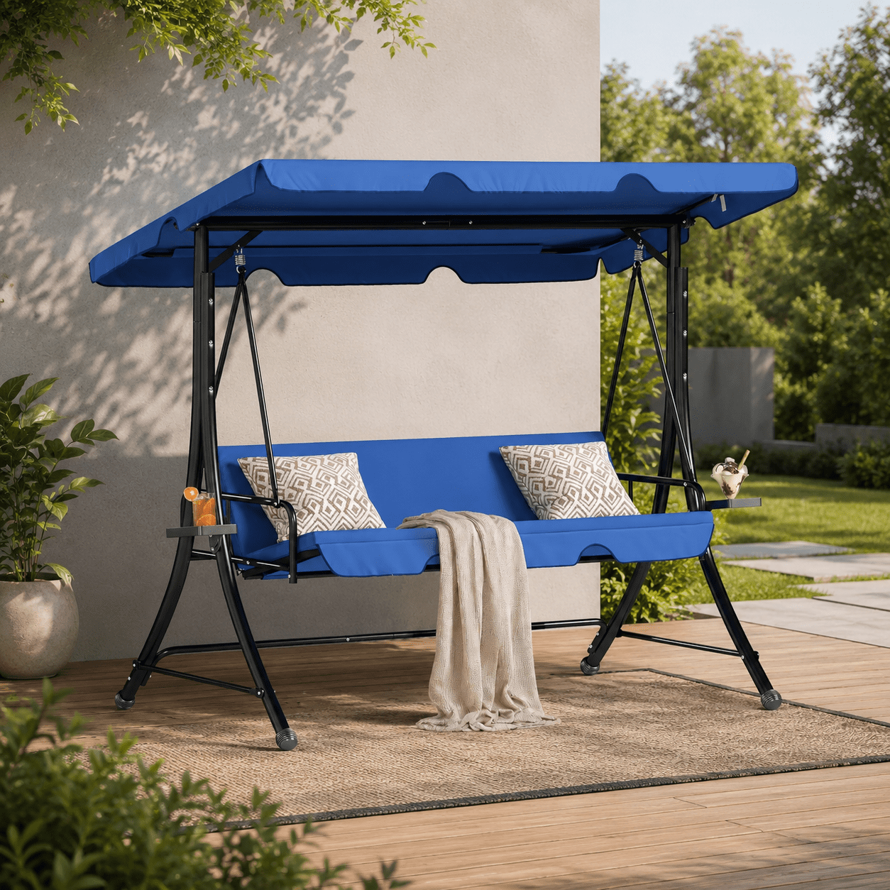 LAZZO 3-Seat Outdoor Porch Swing, Reclining Lounge Bed Convertible