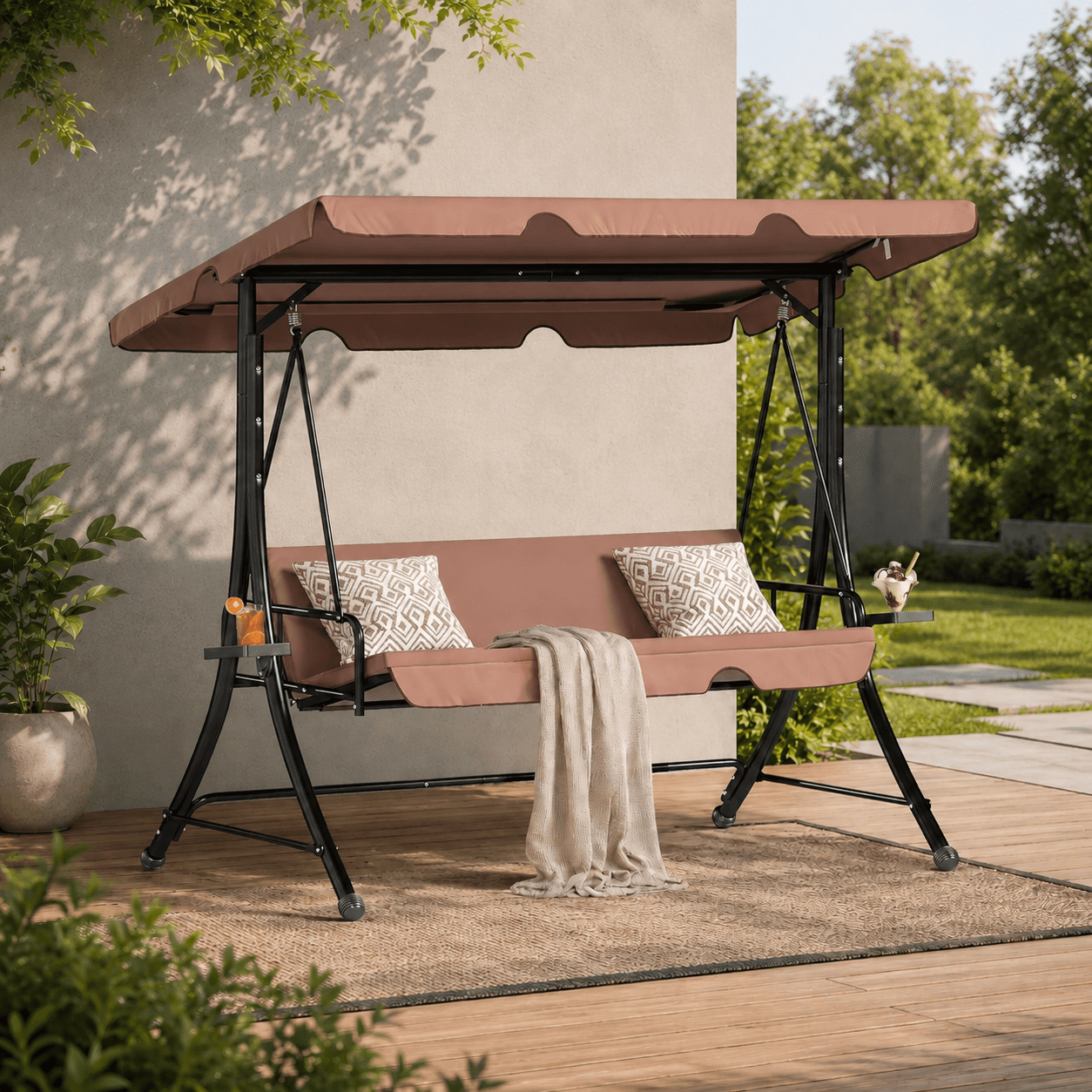 LAZZO 3-Seat Outdoor Porch Swing, Reclining Lounge Bed Convertible, Adjustable Canopy & Removable Cushions, Brown