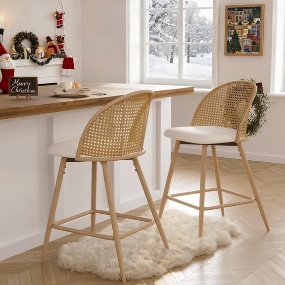 LAZZO 26” Swivel Bar Stools Set of 2, Boho Rattan Counter Height Bar Chairs for Kitchen Island, White