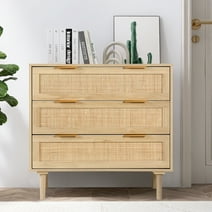 LAZZO 3 Drawer Dresser for Bedroom, Rattan Dresser, Wood Oak