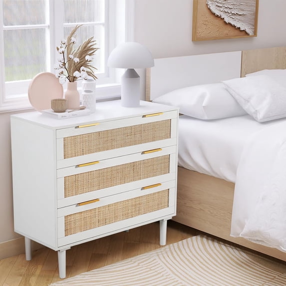 LAZZO Large 3-Drawer Nightstand with Rattan Drawer, Modern Wooden Bedside Table for Bedroom, Fits Queen & King Size Beds, White