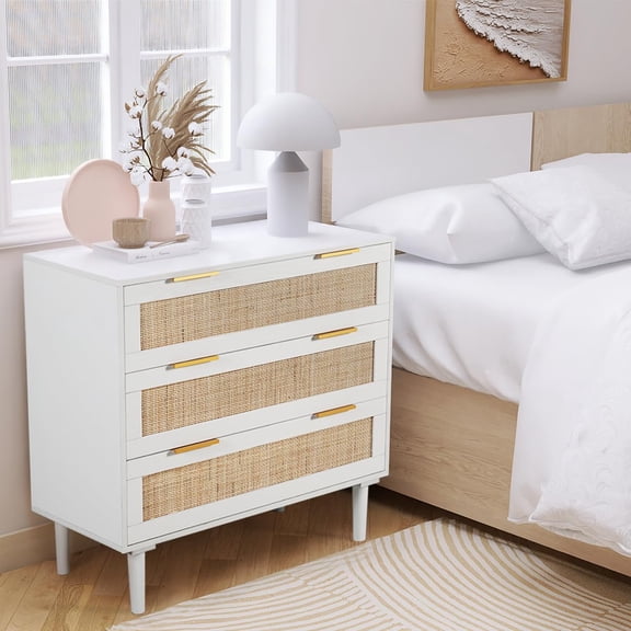 LAZZO Large 3-Drawer Nightstand with Rattan Drawer, Modern Wooden Bedside Table for Bedroom, Fits Queen & King Size Beds, White