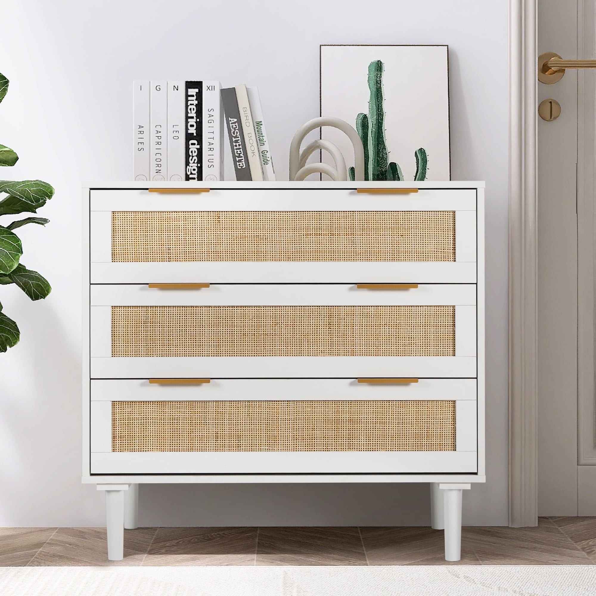 LAZZO Stylish 3-Drawer White Wood Dresser with Rattan Design for ...