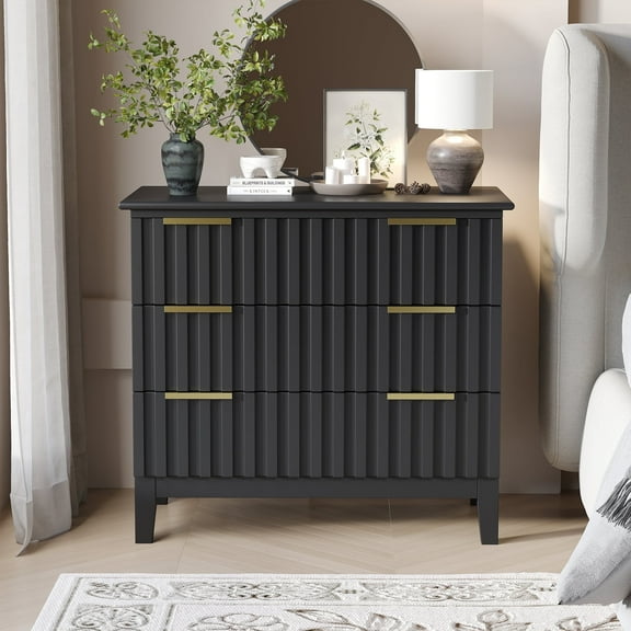 LAZZO 3-Drawer Fluted Nightstand for Bedroom & Living Room (Black, 1PC)