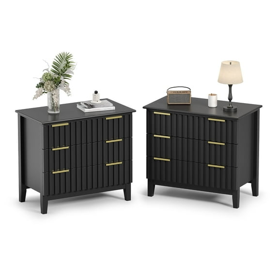 LAZZO 3-Drawer Fluted Nightstand for Bedroom & Living Room (Black, 2PC)