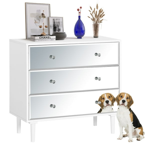 LAZZO 3 Drawer Mirrored Wood Dresser, Chest of Drawers, Large Storage Cabinet, White