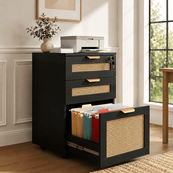 LAZZO Wood File Cabinet with Lock, 3-Drawer Rattan-Front Rolling Cabinet for Under Desk and Home Office, Black
