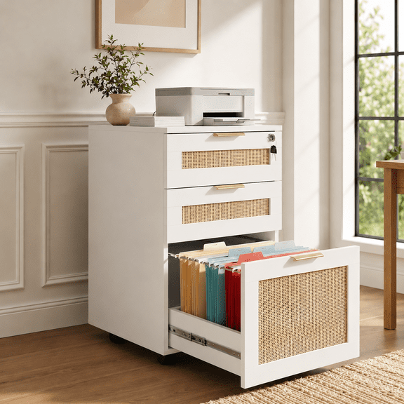 LAZZO 3-Drawer File Cabinet with Lock, Rolling Rattan Cabinet with Wheels for Home Office, White