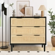 LAZZO 3 Modern Drawer Dresser Rattan, Wooden Dresser Chest of Large Storage Cabinet