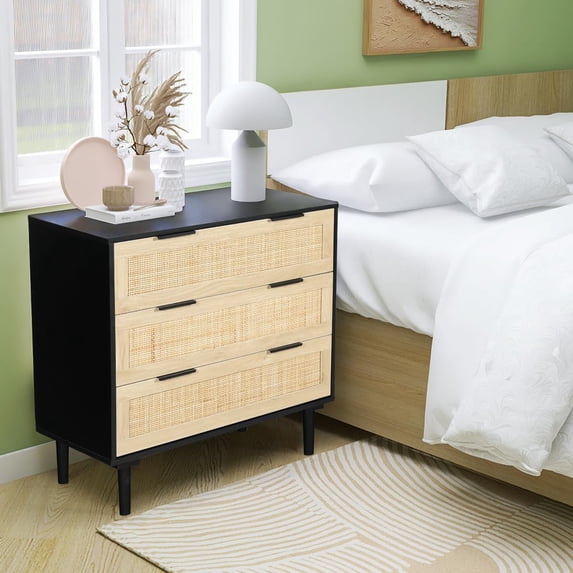 LAZZO Large 3-Drawer Nightstand with Rattan Drawer, Modern Wooden Bedside Table for Bedroom, Fits Queen & King Size Beds, Black