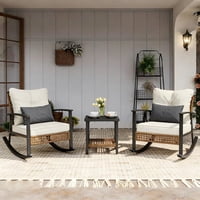 3-Piece Patio Outdoor Conversation Set with Lumbar Pillows and Coffee Table, PE Wicker Rocking Chairs with Beige Cushions (Beige)