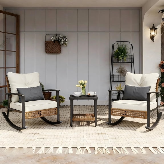 LAZZO 3 Pieces Patio Outdoor Conversation Set with Lumbar Pillows and  Coffee Table, PE Wicker Rocking Chairs with Beige Cushions
