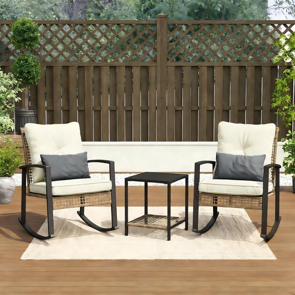 LAZZO 3-Piece Patio Outdoor Conversation Set with Lumbar Pillows and Tempered Glass Coffee Table, PE Wicker Rocking Chairs, Beige Cushions