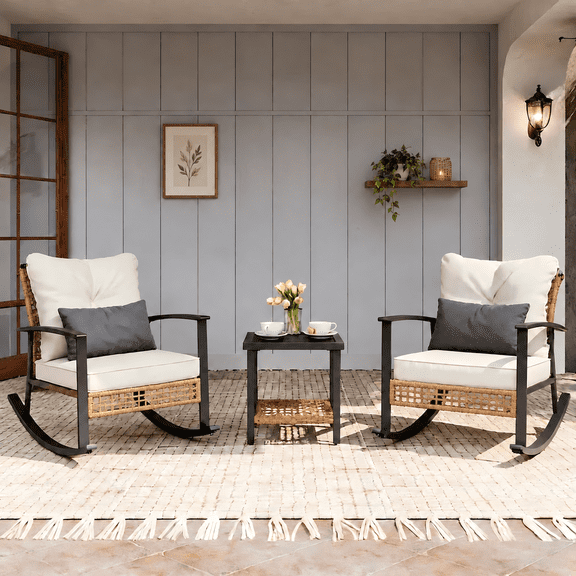 LAZZO 3 Pieces Patio Outdoor Conversation Set with Lumbar Pillows and Coffee Table, PE Wicker Rocking Chairs with Beige Cushions