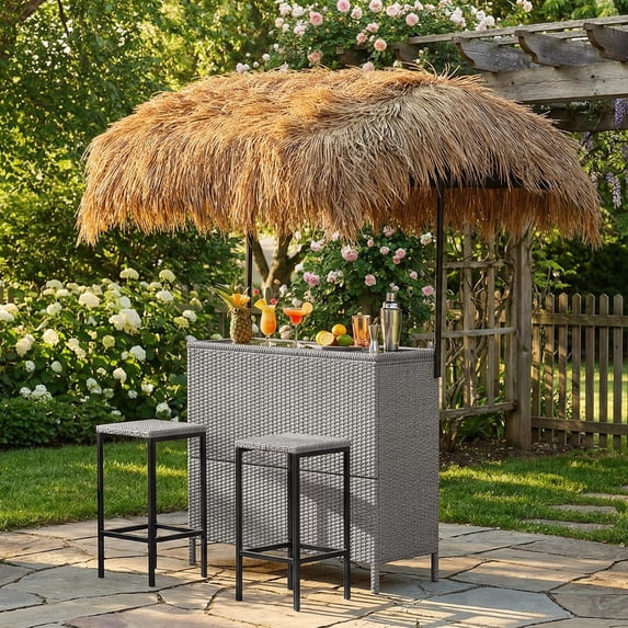 LAZZO 3 Pieces Outdoor Bar Set, Patio Wicker Bar Set with Height Stools and Islander Tiki Bar for Garden, Gray