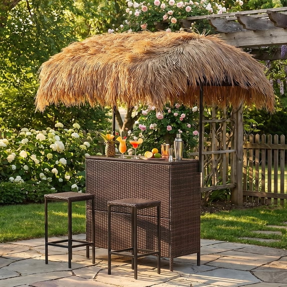 LAZZO 3 Pieces Outdoor Bar Set, Patio Wicker Tiki Bar Set with Height Stools and Islander Tiki Bar for Garden, Dark Brown