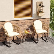 LAZZO 3-Piece Patio Conversation Set, Outdoor Wicker Rocking Chair Set with Beige Cushions for Garden, Balcony & Porch