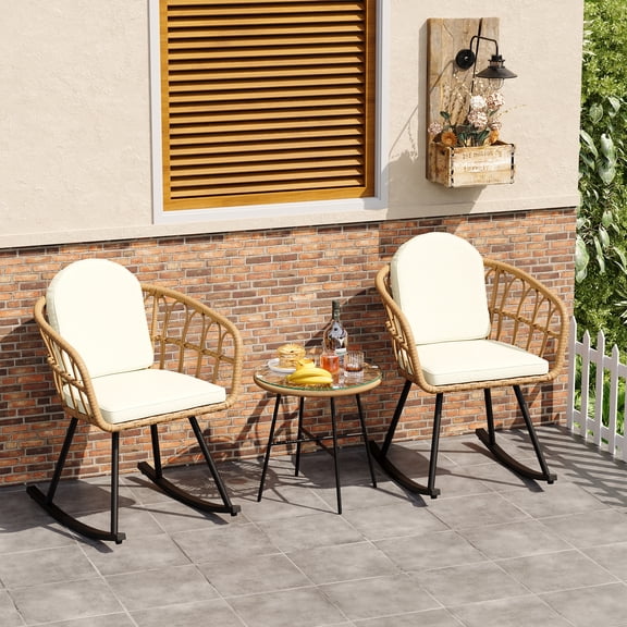 LAZZO 3-Piece Patio Conversation Set, Outdoor Wicker Rocking Chair Set with Cushions and Table, Beige