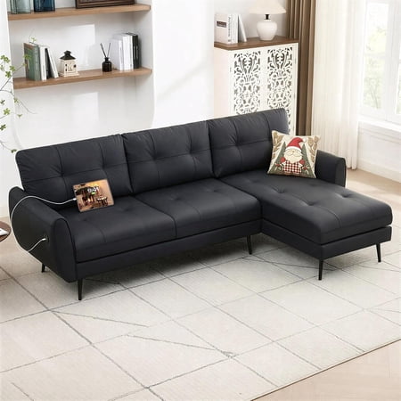 LAZZO 3-Seat L-Shaped Sectional Sofa with Deep Seat Chaise, USB & Type-C Charging Ports, Modern Small Space Couch for Living Room, Black