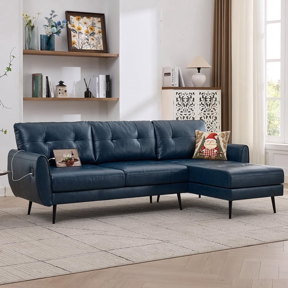 LAZZO 3-Seat L-Shaped Sectional Sofa with Deep Seat Chaise, USB & Type-C Charging Ports, Modern Small Space Couch for Living Room, Blue
