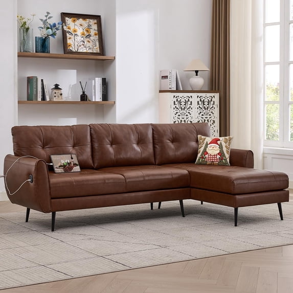 LAZZO 3-Seat L-Shaped Sectional Sofa with Deep Seat Chaise, USB & Type-C Charging Ports, Modern Small Space Couch for Living Room, Brown