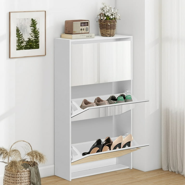スリム靴箱 ホワイト　スライドドア 3コンパートメント Amazon.com: KLMM Sleek Shoe Cabinet with 3 Flip Drawers and