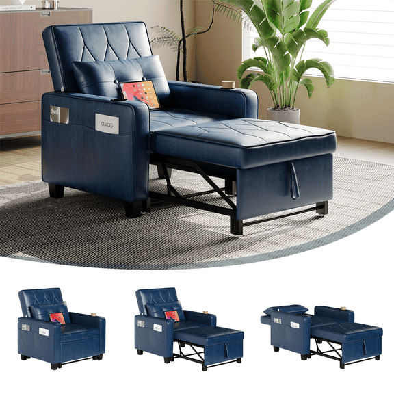 LAZZO 3-in-1 Leather Sleeper Chair Bed with USB Ports, Cup Holders & Pockets, Blue