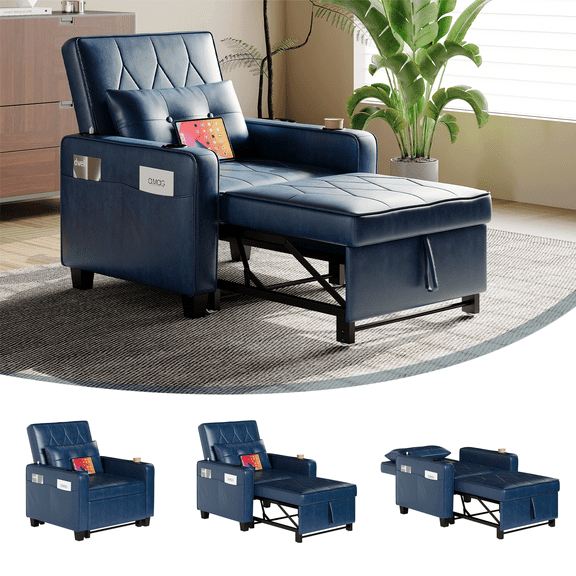 LAZZO 3-in-1 Leather Sleeper Chair Bed with USB Ports, Cup Holders & Pockets, Blue