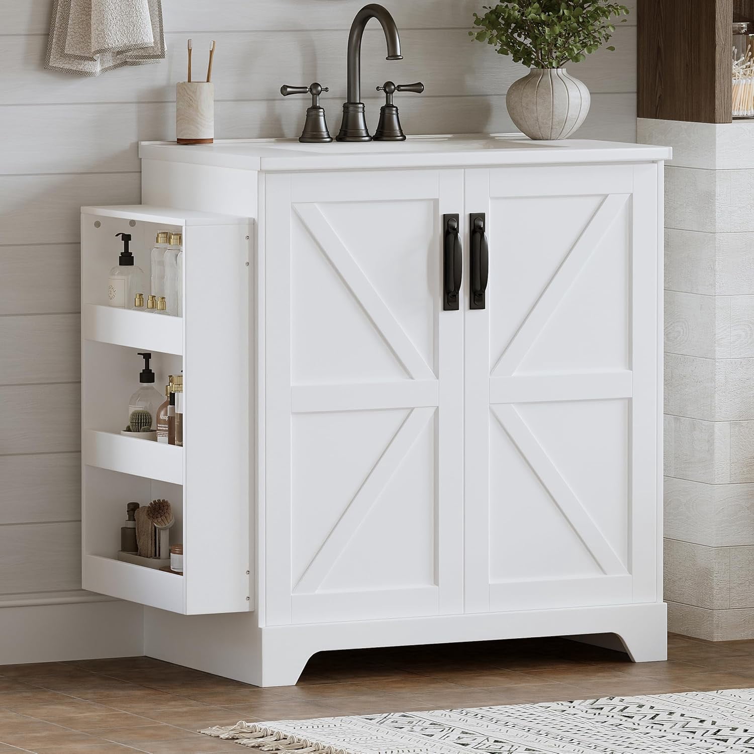 LAZZO 31" Bathroom Vanity with Ceramic Sink, Farmhouse Bathroom Vanities with Storage Cabinet and 3 Extra Side Shelves, White