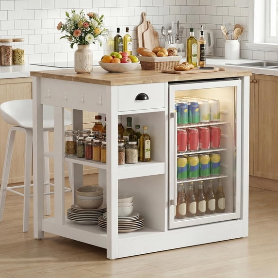 LAZZO 35.4" Farmhouse Kitchen Island with Storage, Fridge Space and Power Outlets for Small Spaces, White