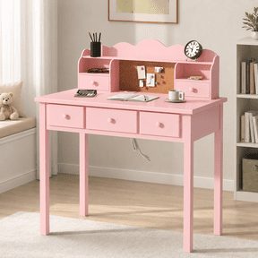 LAZZO 36“ Writing Desk with Built-in Outlet and Detachable Hutch, Wooden Computer Desk for Small Place and Home Office, Pink