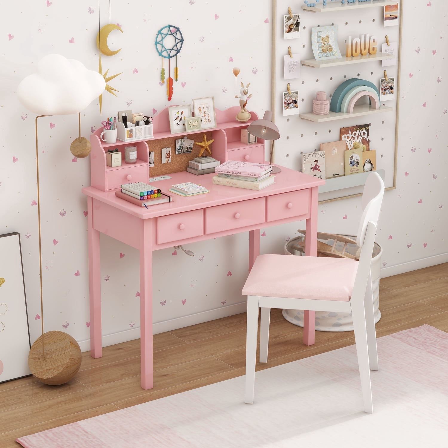 LAZZO 36" Writing Desk with Detachable Hutch & Drawers, Home Office Study Desk, Pink