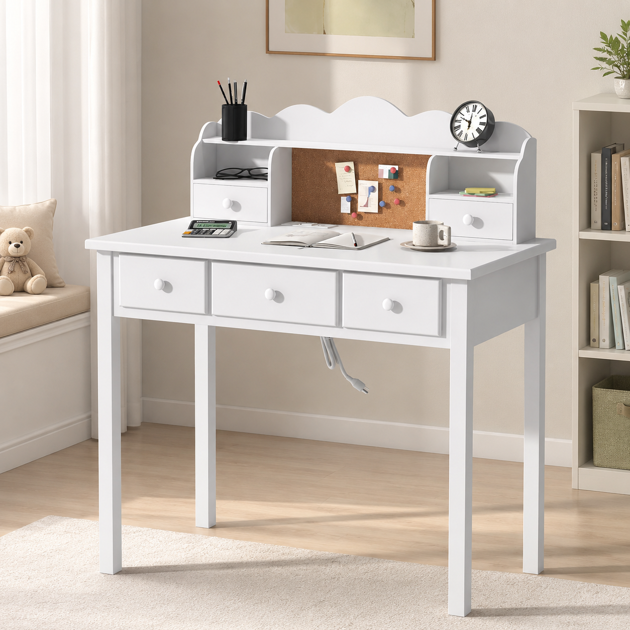 LAZZO 36“ Writing Desk with Built-in Outlet and Detachable Hutch, Wooden Study Desk for Small Place and Home Office, White