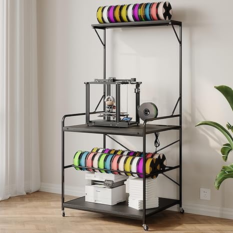 LAZZO 3D Printer Stand with Filament Storage & Charging Station, 4-Tier Heavy-Duty Mobile Printer Rack with Wheels for Workshop, Office, Garage