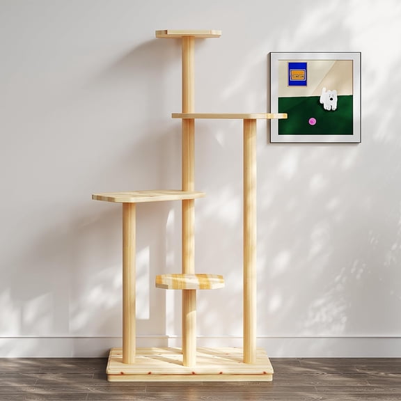 LAZZO 4-Tier Natural Wood Cat Tree, All-Weather Cat Tower - Multi-Level Climbing & Scratching Furniture for Indoor & Outdoor Use