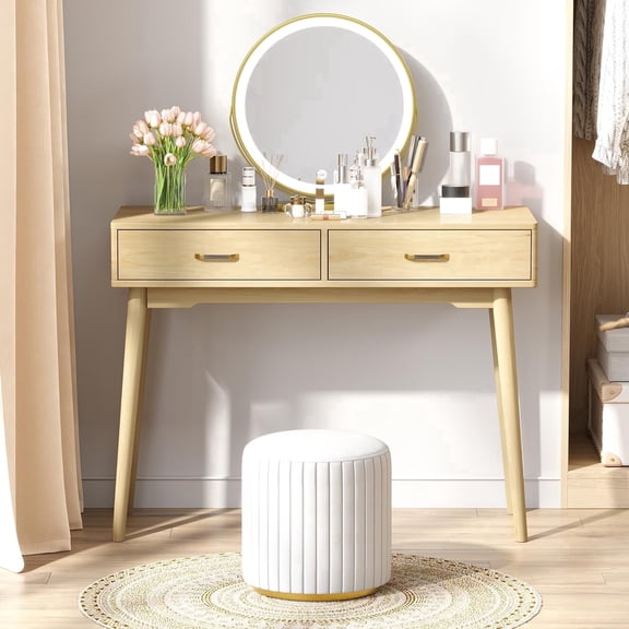 LAZZO 40” Small Writing Desk with Drawers, Modern Vanity Desk for Home Office and Small Spaces, Natural Wood
