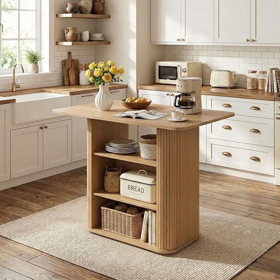 LAZZO 43.5" Kitchen Island with Storage, 3-Tier Farmhouse Counter Height Table, Rustic Wood Coffee Bar Table for Kitchen & Dining Room, Oak