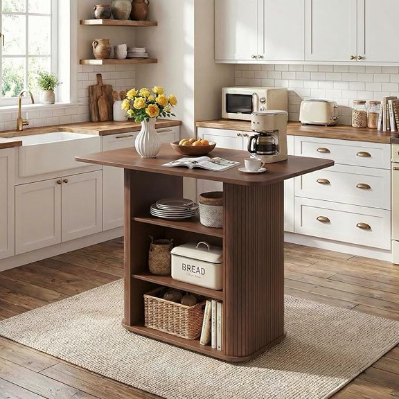 LAZZO 43.5 Kitchen Island with Storage, 3-Tier Farmhouse Counter Height Table, Rustic Wood Coffee Bar Table for Kitchen & Dining Room,Walnut