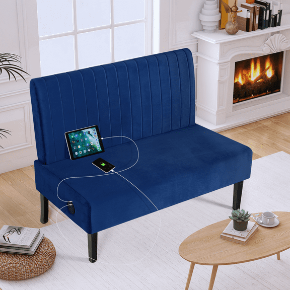 LAZZO 43" W 2-Seat Mini Small Comfy Couch Armless Loveseat Sofa with USB Port, Blue