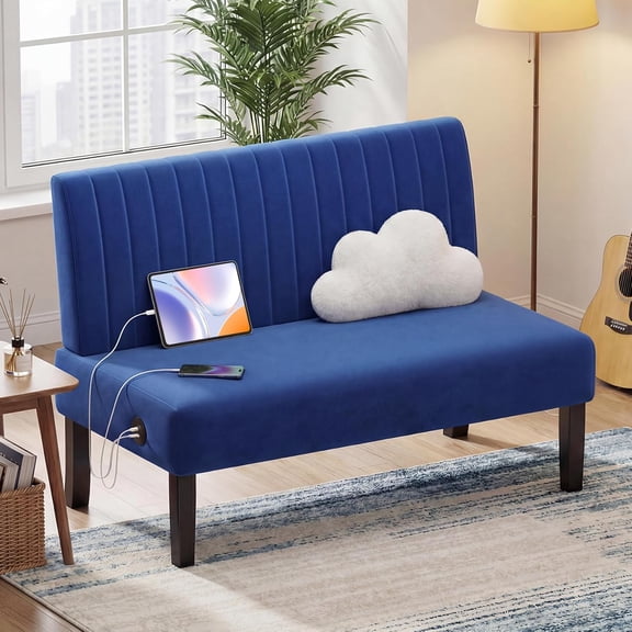 LAZZO 43" Mini Small Comfy Couch Armless Loveseat Sofa with USB Port, Blue