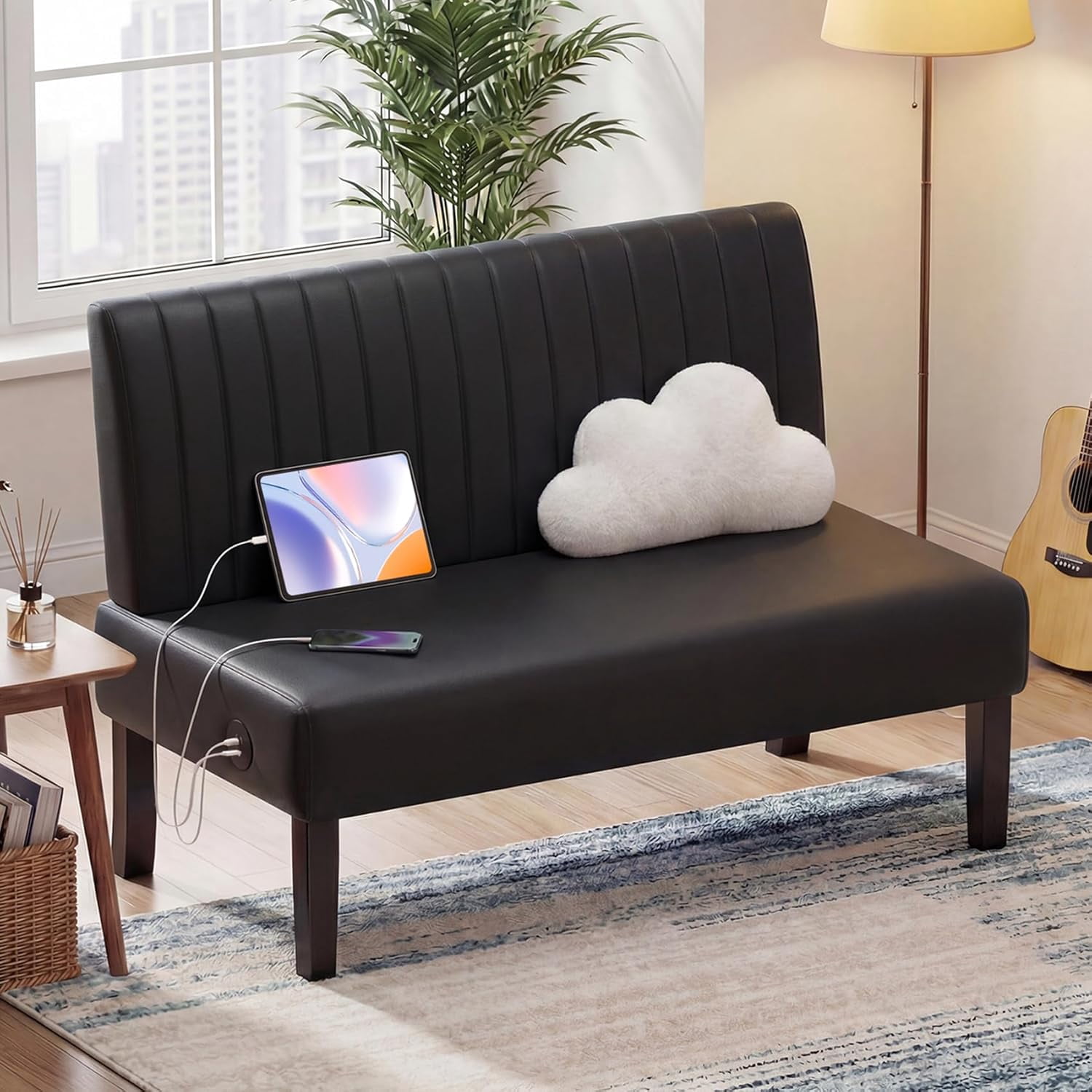 LAZZO 43" Mini Small Comfy Couch Armless Loveseat Sofa with USB Port, Black