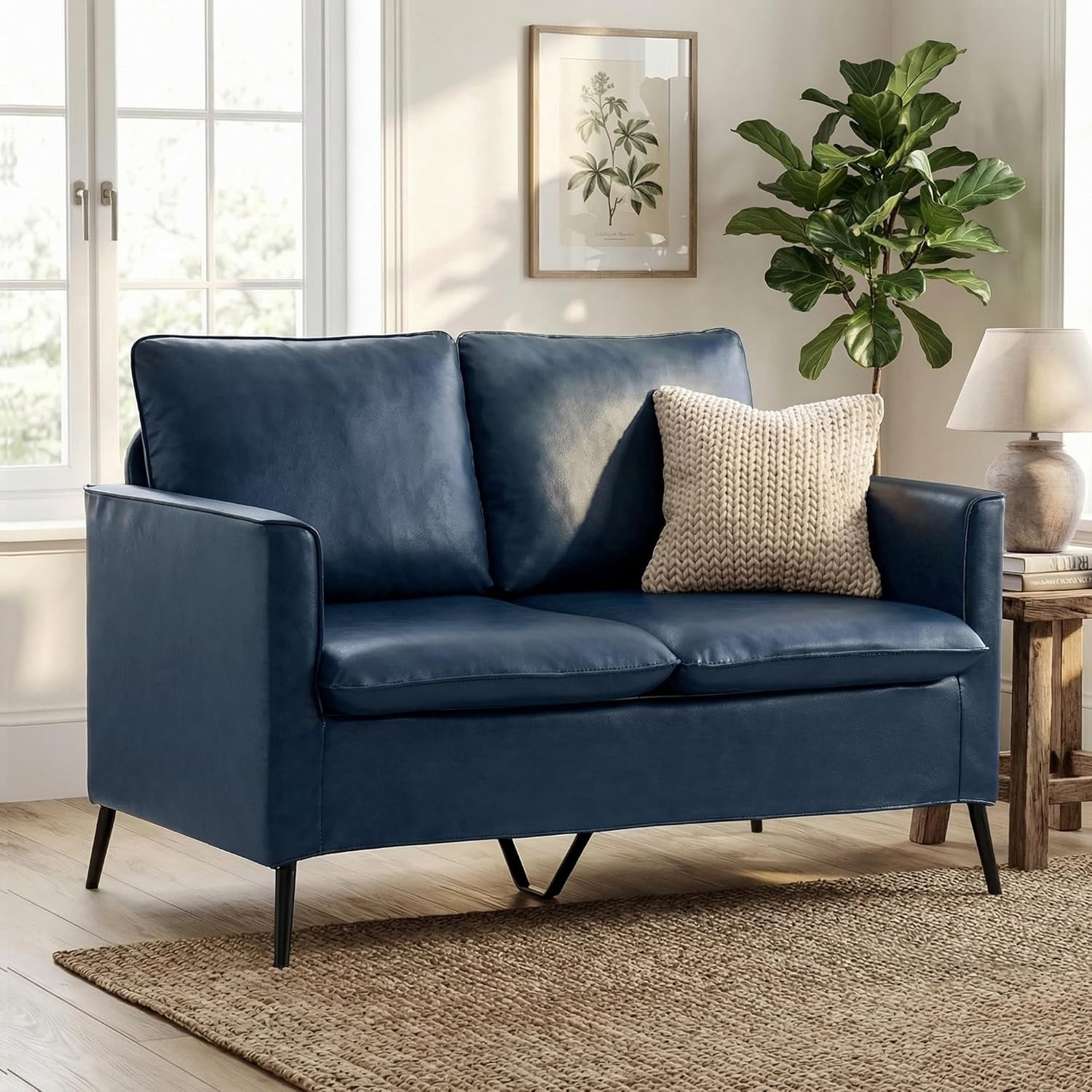 LAZZO 46" Faux Leather Loveseat Sofa, Mid-Century Modern 2-Seater Couch with 2 Pillows for Small Spaces Living Room Bedroom Office, Blue